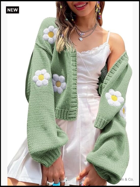 Sweaters - Cropped Floral Cardigan Sweater Y2K Open Front